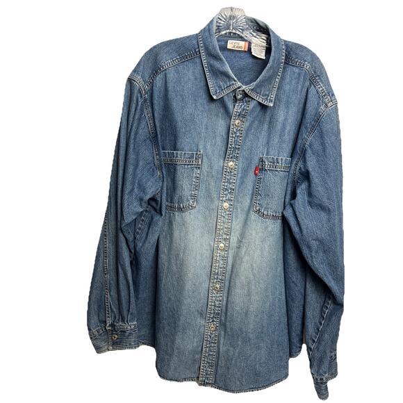 LEVIS DENIM JEAN SHIRT LONG SLEEVE METAL BUTTONS 2 POCKETS BLUE MENS SIZE XXL - Picture 1 of 9